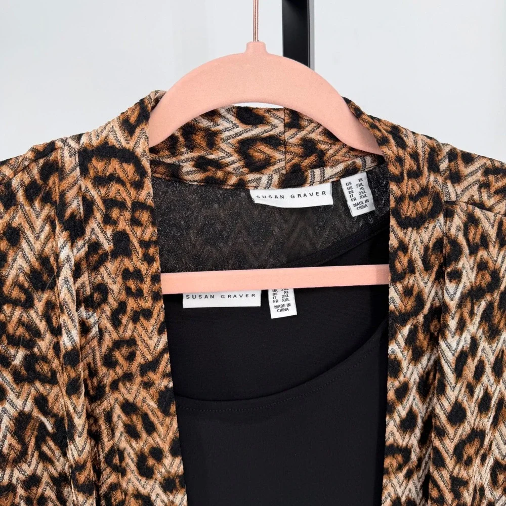 Susan Graver Leopard Print Open Front Long Cardigan Black Tank Top Set 1X - Picture 2 of 6